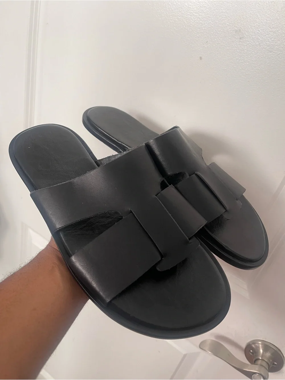 Brand New Men’s Black Leather Slide Sandals Sz 11